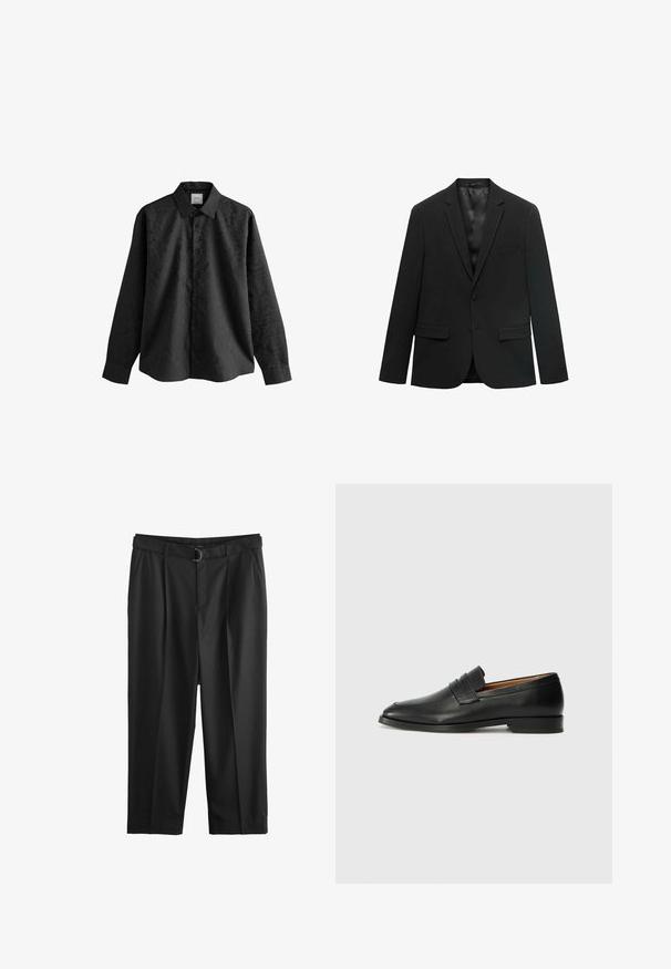 Blazer noir avec un col à revers, fermeture à bouton unique, deux poches avant et une doublure en satin lisse. Design ajusté avec une coupe structurée.; Chemise noire à manches longues avec une texture subtilement imprimée, ouverture à boutons sur le devant et col. Le tissu semble lisse et léger.; Pantalon habillé noir taille haute avec plis devant, poches latérales et ceinture assortie avec boucle en D.; Mocassin en cuir noir avec un bout arrondi, des coutures subtiles et un talon bas, présentant une texture lisse et un design minimaliste.
