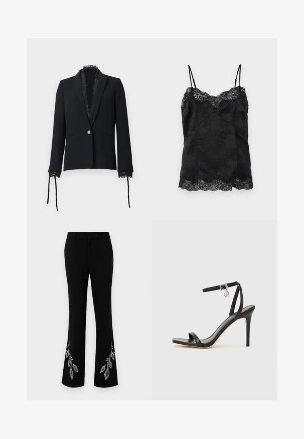 Sort skræddersyet blazer med enkelt dekorativ knap, blonderkant langs krave og manchetter, og bånd, der hænger fra ærmerne.; Sort satin cami med tynde justerbare stropper, blomsterjacquardmønster og blonder langs halsudskæringen og kanten.; Sorte vide bukser med broderede sølvbladsdesign ved kanten. Lavet af glat stof med en struktureret talje og slank pasform.; Sort hæl-sandal med smal ankrem, firkantet tå-boks, glat lædermateriale og metalspænde som pynt.