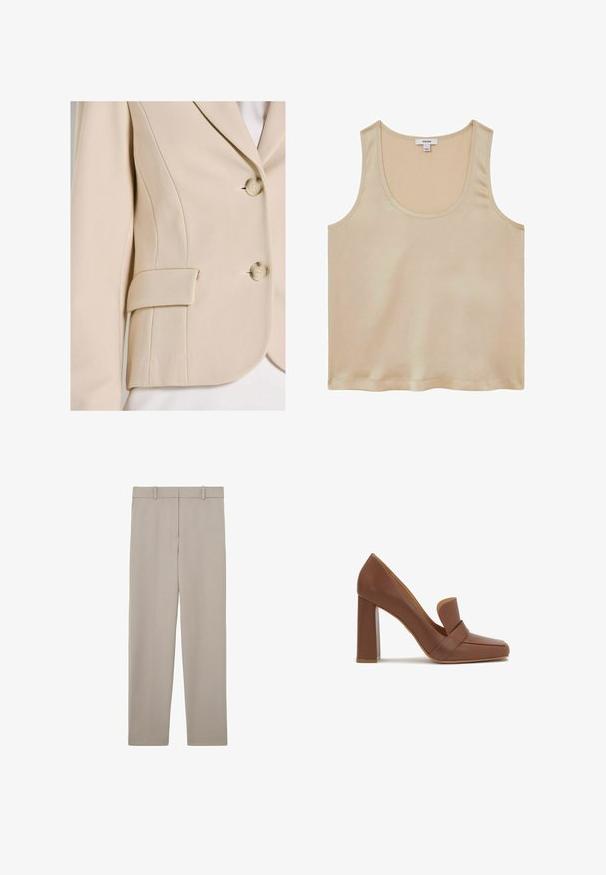 Beige blazer met een gestructureerde stof, ingesneden revers, twee knopen aan de voorkant en een zijzak met klepdetail.; Reiss REGULAR FIT - Blouse - neutral; Beige rechte broek met riemlussen en een strak, minimalistisch ontwerp, plat weergegeven op een witte achtergrond.; Bruine leren hoge hak schoen met een vierkante neus en een brede band over de voorkant. De hak is blokvormig en stevig.