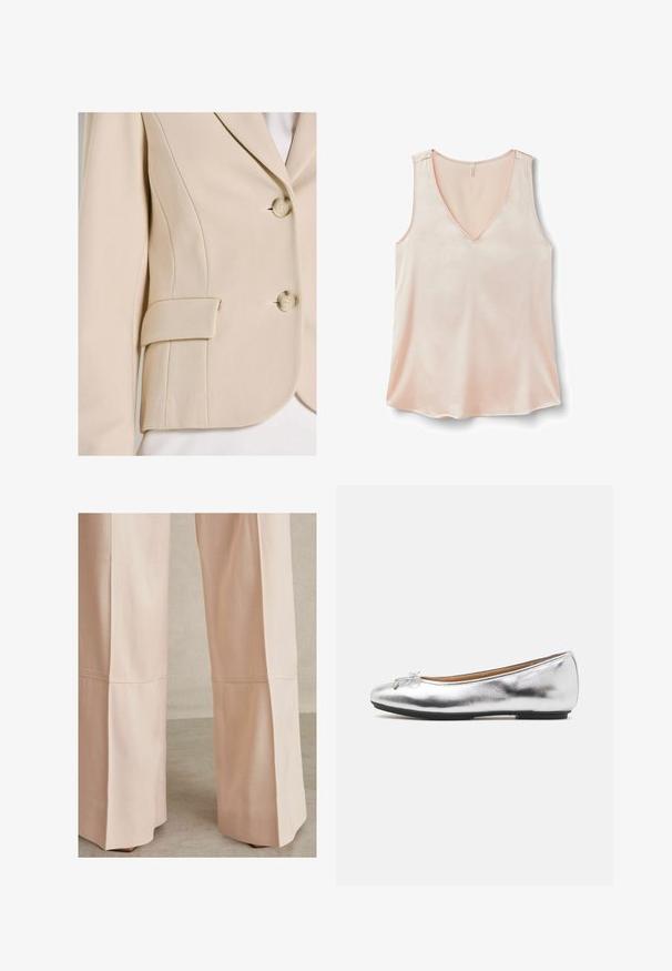 Beige blazer met een gestructureerde stof, ingesneden revers, twee knopen aan de voorkant en een zijzak met klepdetail.; Mouwloze, lichtroze satijnen camisole met V-hals, losse pasvorm en zonder zichtbare patronen of versieringen, gefotografeerd tegen een effen achtergrond.; Lichtroze wijde broek, met een gestructureerde stof, naaddetails en een nette afwerking aan de zoom. Geschikt voor casual of formele gelegenheden.; Zilveren ballet flats met een metallic afwerking, ronde neus, decoratieve strik aan de voorkant en een zwarte rubberen zool. Gladde textuur.