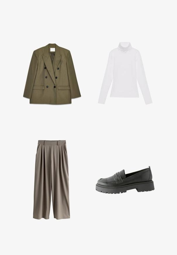 Olivengrøn dobbeltradet blazer med notched lapels, sorte knapper og to forlommer. Glat stof og struktureret design.; Hvid langærmet turtle-neck top lavet af glat, strækbart stof. Har en høj krave og tætsiddende design, uden synlige mønstre eller udsmykninger.; Beige bukser med vide ben, læg, bæltestropper og sidelommer, designet til en afslappet pasform.; Sorte læder loafers med en tekstureret overflade, fremtrædende syning og en tykk sort gummisåle med mønster.