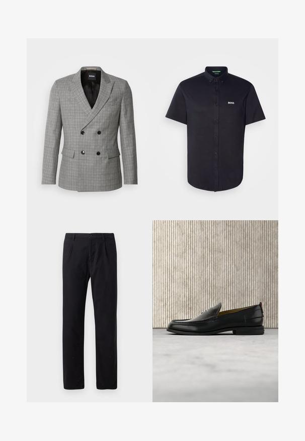 Blazer de cuadros gris de corte doble con botones negros, solapas de pico y bolsillos delanteros. Tejido suave con un ajuste entallado. Interior forrado.; Camisa negra de manga corta con botones, hecha de algodón, con cuello clásico, corte regular y un logo blanco "BOSS" bordado en el pecho.; Pantalones negros en mezcla de algodón, con un diseño clásico de pierna recta, cierre de botón y sin patrones o adornos visibles.; Mocasín de cuero negro para hombre con empeine grabado en relieve de cocodrilo y tacón bajo, mostrado de perfil sobre un fondo neutro.
