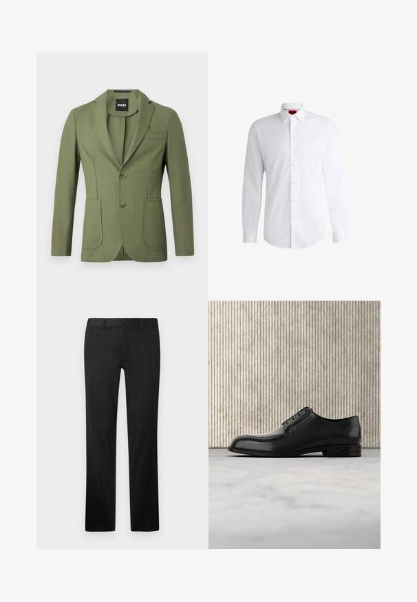 Olivenfarvet skræddersyet herreblazer med notch-lapel, to knapper, to forreste påsatte lommer og en brystlomme med welt.; Hvid skjorte med knapper lavet af glat stof med klassisk krave, lange ærmer og rundet kant. Har beige knapper foran.; Sorte skræddersyede bukser lavet af tekstureret stof, med en lige ben-design, frontlynlås og knaplukning.; Sorte læderherresko med rund tæer, glat tekstur, minimale sømme og en flad sål med diskret branding på hælen.