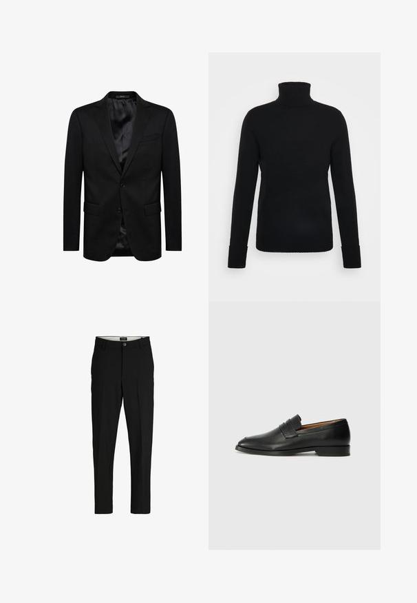 Schwarzer Blazer mit einreihigem Design, Reverskragen, zwei vorderen Taschen und satinierter Innenauskleidung. Einfache Knopfverschluss.; FTC Cashmere ROLLNECK - Strickpullover - moonless night; Schwarze Hosen aus glattem Stoff, mit maßgeschneidertem Design, geraden Beinen, zwei Fronttaschen und einem Knopfverschluss.; Schwarze Leder-Slipper mit runder Zehenform, dezenten gestickten Details und niedrigem Absatz, ausgestattet mit glatter Textur und minimalistischem Design.