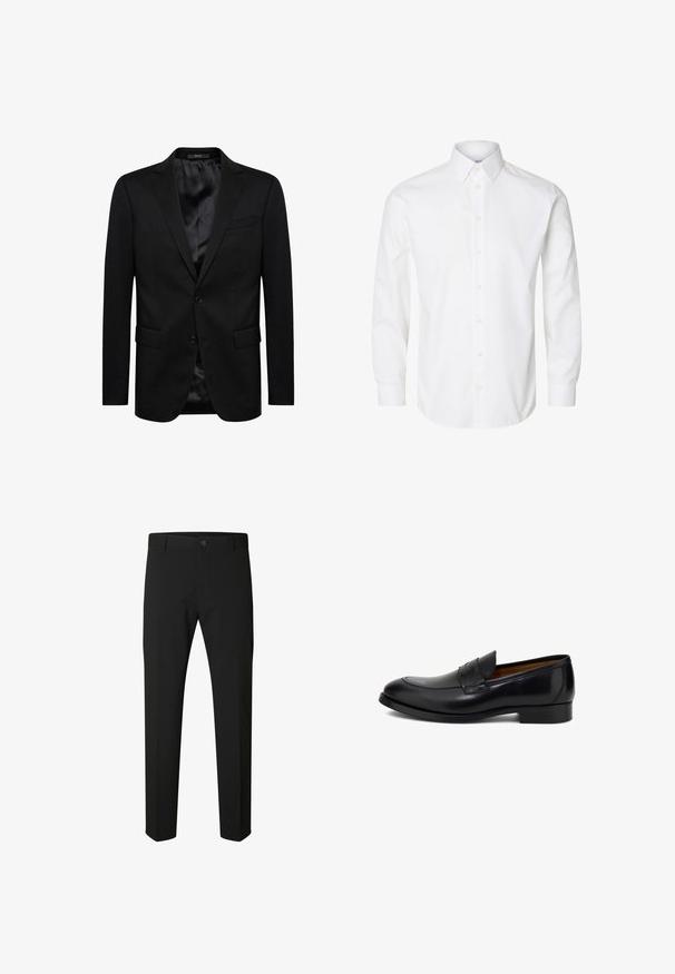 Blazer negro con diseño de un solo botón, solapas con muesca, dos bolsillos frontales y forro interior de satén. Cierre simple con botón.; Camisa blanca de manga larga con cuello puntiagudo, botones visibles en la parte delantera y puños abotonados.; Pantalones negros de corte ajustado con cierre de botón y cremallera, trabillas para cinturón y piernas rectas sobre fondo blanco.; Mocasín de cuero negro con acabado liso, punta redondeada, costuras decorativas y tacón bajo apilado. Diseño clásico sin cordones.