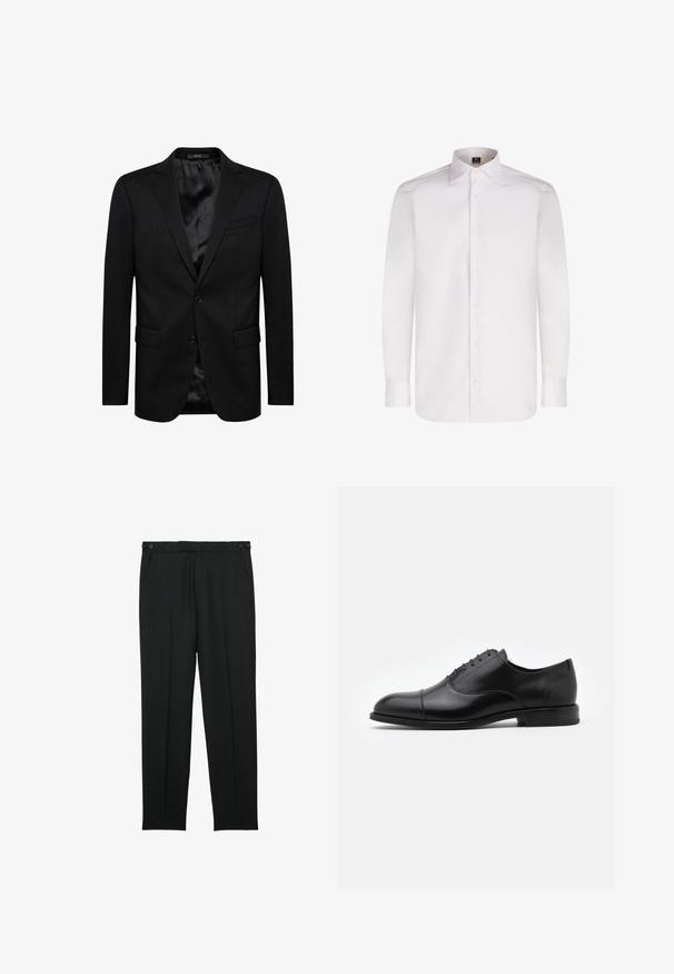 Sort blazer med en enkeltknap design, skrå lapeller, to frontlommer og et satinfor. Simpel knaplukning.; Hvid langærmet skjorte med knapper lavet af glat stof, med klassisk krave og rund kant, der har forknapper og manchetter.; Sorte skræddersyede bukser med sidelommer og knappedetaljer ved taljen, med lige ben og folder foran.; Sorte læderdress sko med rund tå, snørebåndsdesign og diskrete syninger. Har en lav hæl og glat tekstur.