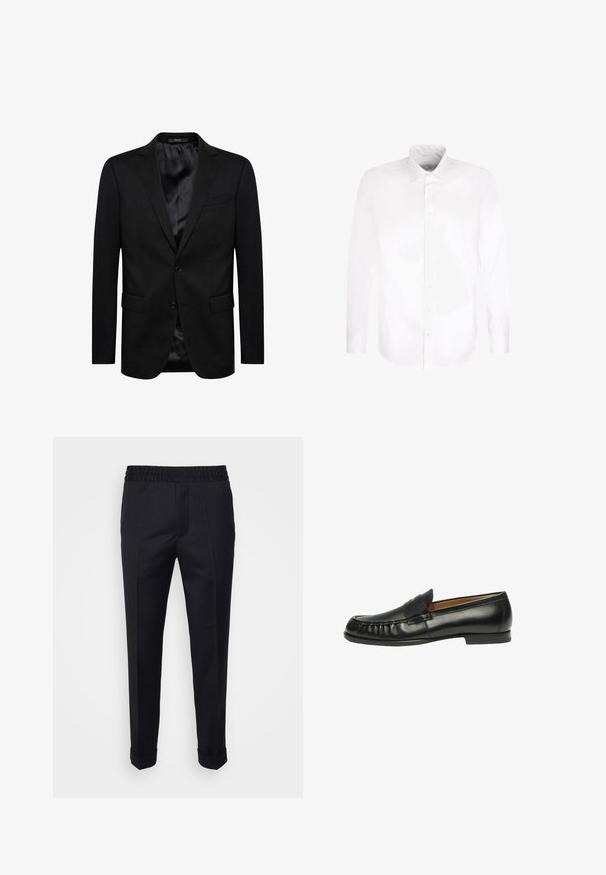 Blazer noir avec un design à un bouton, revers crantés, deux poches avant et une doublure en satin. Fermeture à bouton simple.; Chemise blanche à manches longues avec boutons et col pointu, présentée à plat sur un fond blanc.; Pantalon noir en tissu léger, avec une taille élastique, des poches latérales et des poignets roulés. Texture lisse avec des plis à l'avant.; Scarosso FRED - Chaussons - black calf