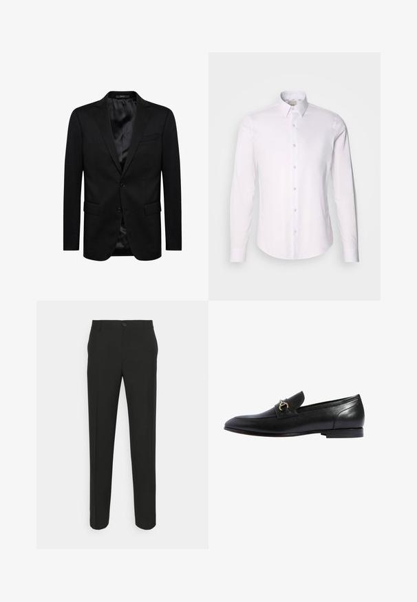 Sort blazer med en enkeltknap design, skrå lapeller, to frontlommer og et satinfor. Simpel knaplukning.; Hvid langærmet skjorte lavet af glat stof med skjortekrave, der har fuld knaplukning og afrundet nederste kant.; Sorte skræddersyede bukser med lige snit, der har en enkelt knaplukning og bæltestropper. Glat, mat stof uden mønstre.; Sorte læder loafers med en rund tå, en guldspænde accenter og en lav stablet hæl. Glat tekstur med minimale syninger.