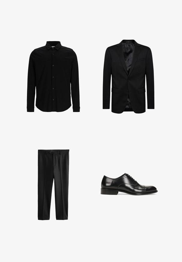 Zwarte blazer met een enkelzijdig ontwerp, met een reverskraag, twee voorzakken en een satijnen binnenvoering. Eenvoudige knoopsluiting.; Zwarte langmouwen shirt van gladde stof, met een knoopsluiting aan de voorkant, een kraag en een subtiel geborduurd logo op de borst.; Zwarte op maat gemaakte broek met knoop- en ritssluiting, riemlussen en zijzakken, weergegeven tegen een witte achtergrond.; Zwarte leren dresschoenen met een ronde neus, vetersluiting, een gladde textuur en een gestapelde hak. Bevat minimale stiksels.