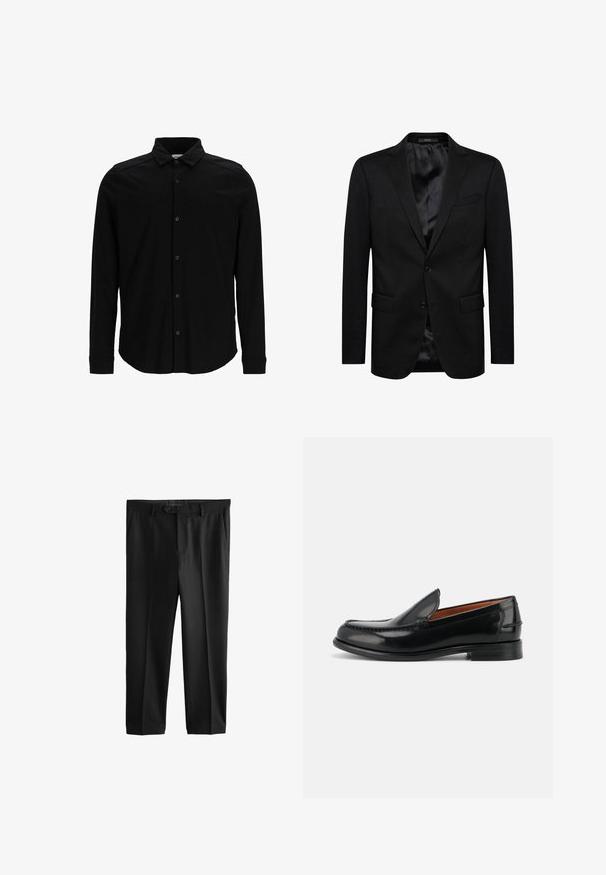 Blazer negro con diseño de un solo botón, solapas con muesca, dos bolsillos frontales y forro interior de satén. Cierre simple con botón.; Camisa negra de manga larga hecha de una tela suave, con frente abotonado, cuello y un discreto logo bordado en el pecho.; Pantalones negros confeccionados a medida con cierre de botón y cremallera, trabillas para cinturón y bolsillos laterales, presentados sobre un fondo blanco.; Mocasín negro de cuero pulido, tipo slip-on, con tacón bajo y detalles cosidos a lo largo de la puntera y los costados, mostrado de lado.