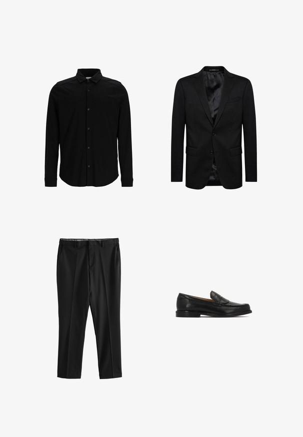Blazer negro con diseño de un solo botón, solapas con muesca, dos bolsillos frontales y forro interior de satén. Cierre simple con botón.; Camisa negra de manga larga hecha de una tela suave, con frente abotonado, cuello y un discreto logo bordado en el pecho.; Pantalones formales negros con trabillas para cinturón, bolsillos delanteros y corte recto, mostrados planos sobre un fondo blanco.; Mocasín negro de cuero sin cordones con tacón bajo, puntera redondeada y costuras decorativas en la parte superior del zapato.