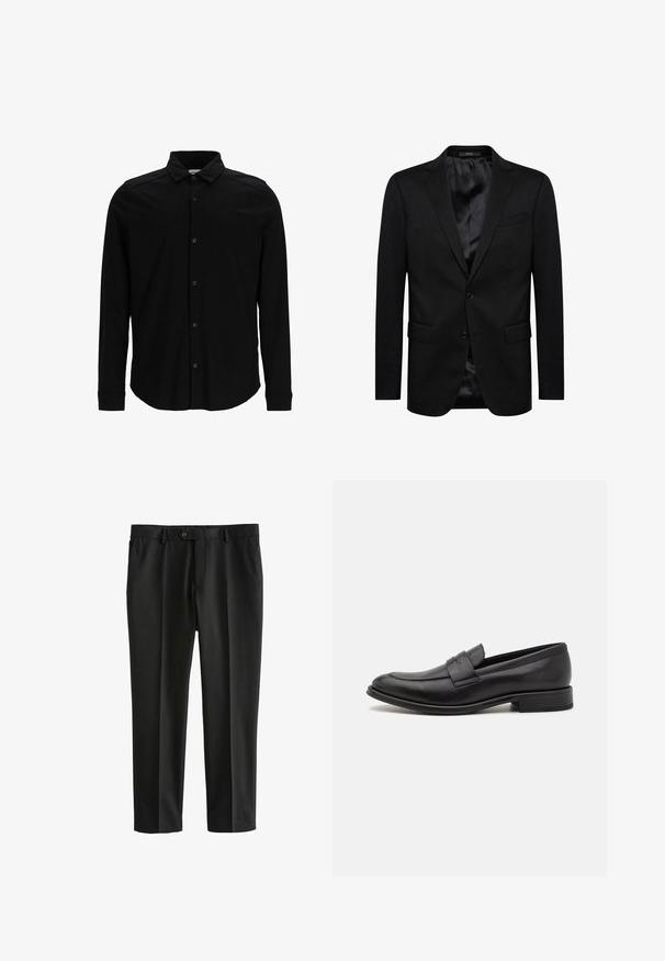 Sort blazer med en enkeltknap design, skrå lapeller, to frontlommer og et satinfor. Simpel knaplukning.; Sort langærmet skjorte lavet af glat stof, med knaplukning foran, krave og en diskret broderet logo på brystet.; Sorte dressbukser lavet af glat materiale, med lige ben, frontfolder, standard talje og enkelt knaplukning.; Sort læderloafer med en glat finish, en dekorativ rem over vristen, rund tå og en lav stablet hæl.