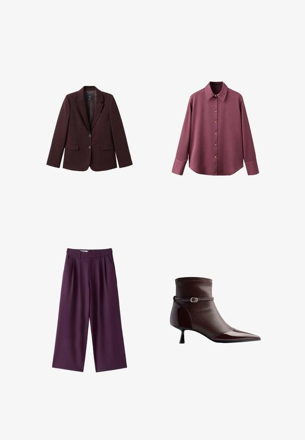 Vinrød blazer med hakket revers, to frontlommer og enkeltknaplukning. Fremstillet af et tekstureret stof, uforet indvendigt.; Langærmet mauve skjorte med knapper, brede manchetter og spidst krave, vist på en ensfarvet hvid baggrund.; Bukser med høj talje og vide ben i mørk lilla med forreste plisseringer, sidelommer og bæltestropper.; Brune læder ankelstøvle med spidse tæer, lille kittenhæl og en tynd rem med en lille guldbuckle rundt om anklen.