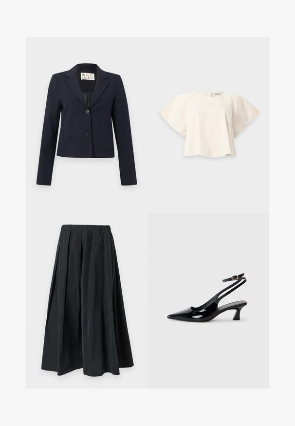 Blazer cintré bleu marine avec deux boutons, revers crantés, poches plaquées à l'avant, poche poitrine passepoilée et manches longues.; Blouse crème à manches courtes, manches larges et col rond, posée à plat sur un fond gris clair.; Pantalon noir à jambes larges plissé avec une ceinture élastique, fabriqué en tissu léger, suspendu sur un fond blanc uni.; Escarpins à brides arrière en cuir verni noir, à bout pointu, avec un petit talon carré et une sangle de cheville ajustable dotée d'une boucle dorée.