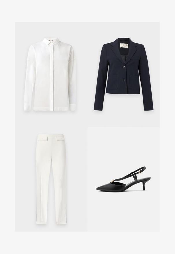 Blazer cintré bleu marine avec deux boutons, revers crantés, poches plaquées à l'avant, poche poitrine passepoilée et manches longues.; Chemise blanche à manches longues avec un col boutonné, texture lisse, coupe droite et patte de boutonnage cachée. Tissu doux et léger sans motifs.; Pantalon blanc pour femmes, cintré, avec pince avant et deux poches à rabat boutonnées sur la ceinture, présenté à plat.; Escarpin slingback en cuir noir à petit talon kitten, bout pointu, fine bride en T, boucle réglable et petite décoration dorée sur la bride.