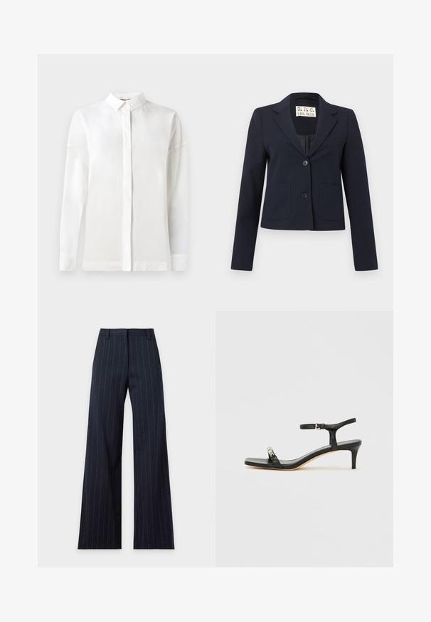 Blazer cintré bleu marine avec deux boutons, revers crantés, poches plaquées à l'avant, poche poitrine passepoilée et manches longues.; Chemise blanche à manches longues avec un col boutonné, texture lisse, coupe droite et patte de boutonnage cachée. Tissu doux et léger sans motifs.; Pantalon large bleu marine avec fines rayures blanches verticales, passants de ceinture et fermeture éclair à l’avant.; Sandale noire en cuir à talon avec bride à la cheville, bout ouvert, devant carré et accent en métal argenté. Design ajusté avec un profil élégant.