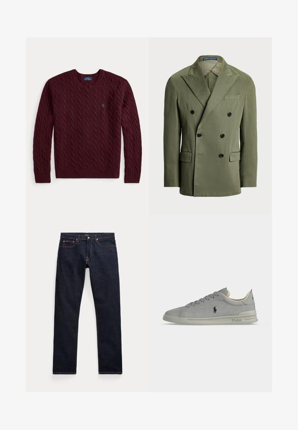 Olivenfarvet dobbeltbrystet blazer med store, mørke knapper, slag og en brystlomme i et glat, vævet stof.; Burgunderfarvet kabelstrikket rundhalset sweater med lange ærmer og en lille grøn Polo Ralph Lauren-logo på brystet.; Mørkeblå denimjeans med fem lommer, kobbernitter og kontrastsyninger, lagt fladt mod en hvid baggrund.; Grå ruskind lavtop sneakers med Polo-logo på siden, snørebånd foran og polstret sål med Polo-branding på hælen og sålkanten.