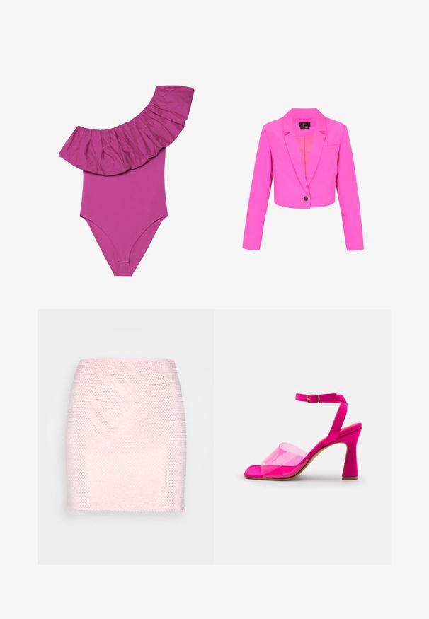 Pink cropet blazer med lange ærmer, enkelt sort knaplukning, notched revers og en brystlomme.; En-delt badedragt i klar pink, med brede volangdetaljer på skuldrene og en glat, tætsiddende pasform. Blødt, strækbart stof.; Gina Tricot RHINESTONE SKIRT - Mini skirts - pink; Lyserød hælsandal med en klar plastikrem, åben tå-design og en slank blokhæl, med en spænde ankelrem.