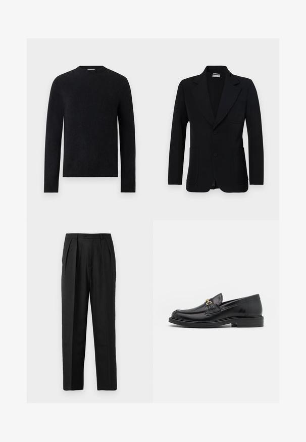 Paul & Joe VMILO - Blazere - noir; Sort langærmet crew neck trøje med enkelt, tætsiddende design uden synlige mønstre eller logoer.; Sorte plisserede bukser med et skrædderlavet design, fremstillet af glat stof, med knaplukning og lige ben.; Sorte læder loafers med en rund tå, der har guld hardware accent og syningsdetaljer, placeret på en lav, tekstureret gummisål.