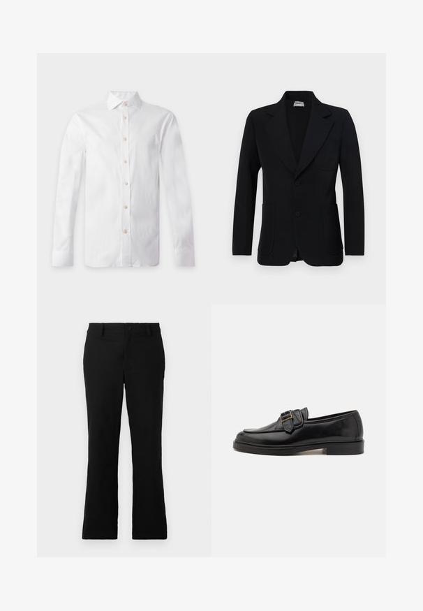 Paul & Joe VMILO - Blazere - noir; Hvid langærmet skjorte med beige knapper, spids krave og knappede manchetter, vist fladt på en lys baggrund.; Sorte flagrende bukser lavet af en blanding af bomuldsstof, med knaplukning, bælteløkker og en glat tekstur uden synlige mønstre.; Sorte læder loafers med rund tå og en dekorativ spændeaccent. Flad, solid hæl og glat tekstur hele vejen igennem.