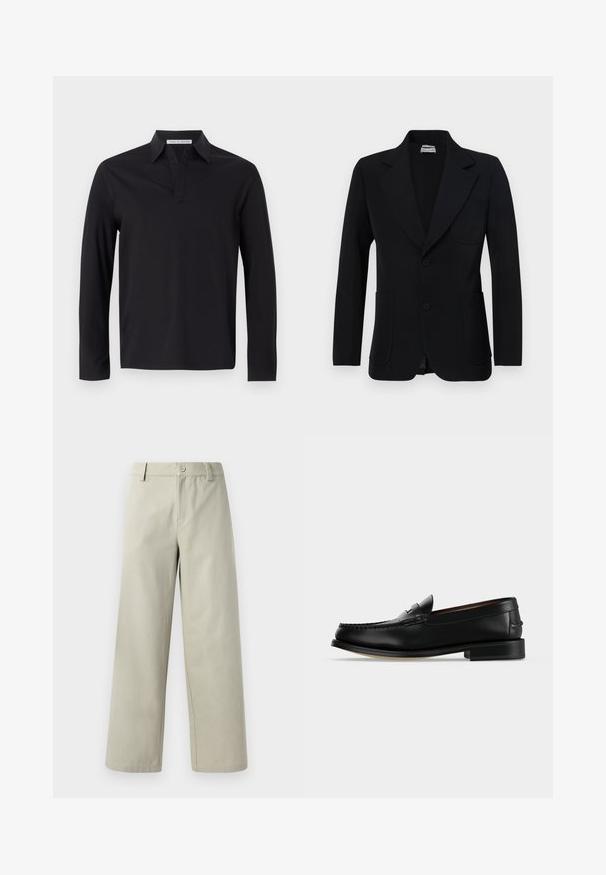Paul & Joe VMILO - Bleiserjakk - noir; Tiger of Sweden TRUANE - Pikkade varrukatega topp - black; Han Kjøbenhavn WIDE LEG - Püksid - light grey; Meeste must nahast loafer madala kontsa ja mokasiini-tüüpi õmblusega varbaosas, küljelt vaadatuna, ühevärvilise taustaga.