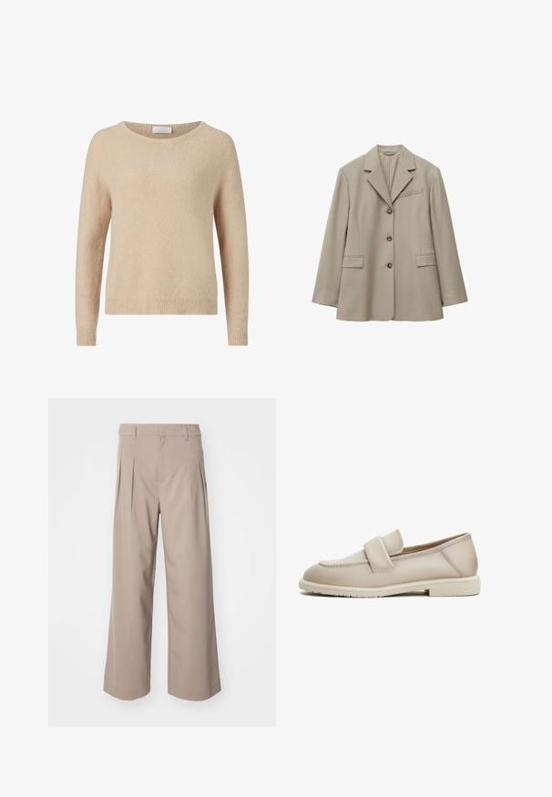 Blazer beige claro de un solo pecho con tres botones, solapa con muesca, dos bolsillos delanteros con solapa y un bolsillo de ojal en el pecho.; Suéter de punto beige con escote redondo, mangas largas y dobladillo acanalado. Textura suave y corte informal. Etiqueta visible en el escote.; Pantalones beige de pierna ancha con plisados, hechos de una tela suave. Presentan una cintura de altura media y una silueta limpia y ajustada.; Mocasines de cuero beige con una textura suave, que cuentan con una correa elevada en la parte superior y una suela de goma baja y plana.