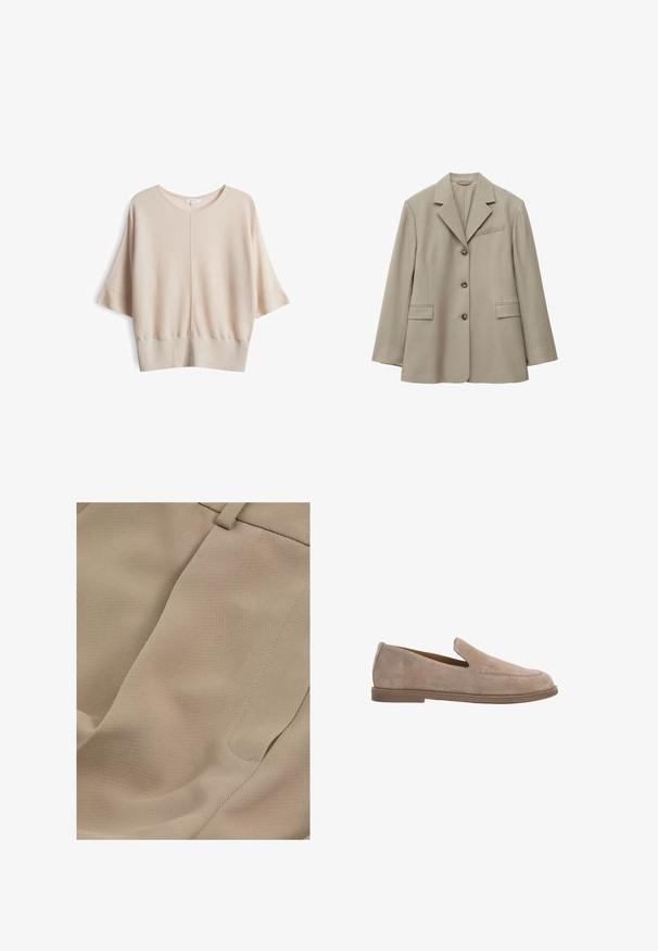 Lichtbeige enkelrijig colbert met drie knopen, een reverskraag met inkeping, twee klepzakken aan de voorkant en een borstzak met bies.; Lichtbeige pullover top met een ronde halslijn, korte mouwen en een textuurafwerking. Heeft een naaddetail in het midden. Zacht gebreide stof.; Reiss PETITE FIT - EDEN ELASTICATED WAIST WIDE - Broek - mink neutral; Taupekleurige suède instapslof met lage platte zool en afgeronde neus, linkerzijaanzicht op witte achtergrond.