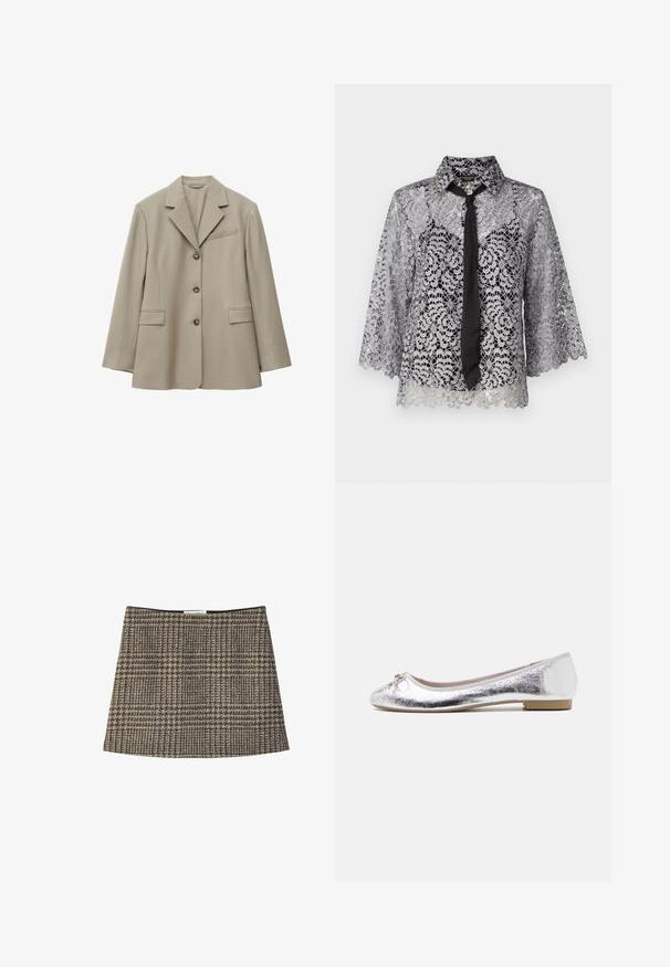 Let beige, enkeltknappet blazer med tre knapper, notch reverskrave, to forlommer med klap og en brystlomme med åbning.; Bluse i sølvfarvet blondestof med sort slips. Har klokkeærmer, blomster mønstre og spidse kraver. Gennemsigtig tekstur med en scallopkant.; Brun og gråternet mini nederdel med en lige skæring, synlig stofstruktur og et udekoreret taljebånd. Mærket er synligt øverst.; Sølv balletflade med metallisk finish, rund tå, sløjfeaccent foran og en lav hæl for ekstra komfort.