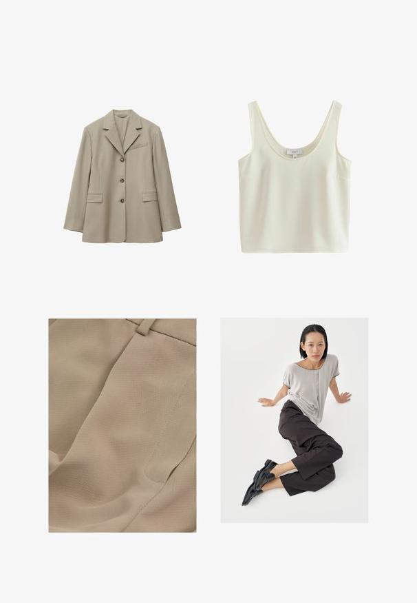 Lichtbeige enkelrijig colbert met drie knopen, een reverskraag met inkeping, twee klepzakken aan de voorkant en een borstzak met bies.; Mouwloos, crèmekleurig cropped tanktopje met brede bandjes en een ronde hals, gemaakt van gladde stof.; Reiss PETITE FIT - EDEN ELASTICATED WAIST WIDE - Broek - mink neutral; Lichtgrijze top met korte mouwen, donkere wijde broekspijpen en zwarte loafers. Soepele stof, ontspannen pasvorm en contrasterende bies op het shirt.
