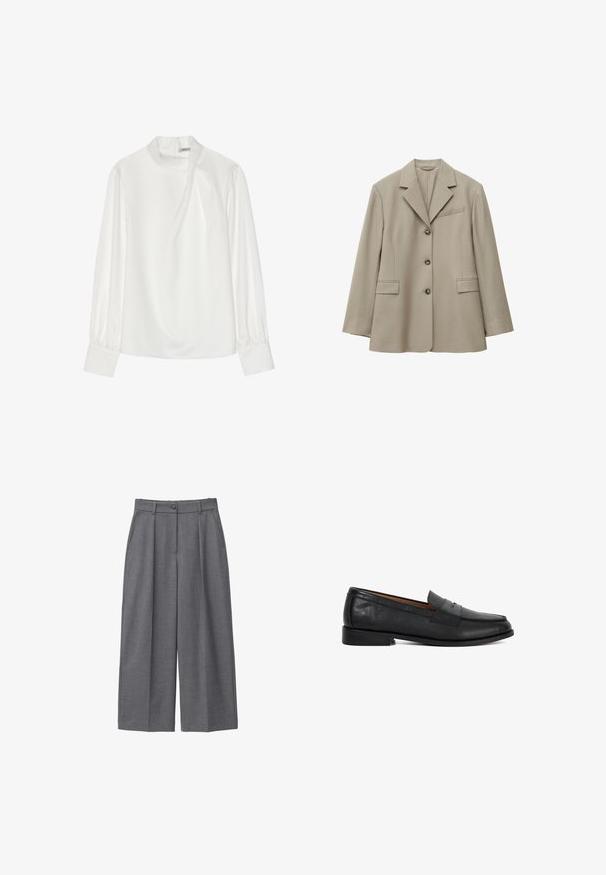 Blazer beige clair à simple boutonnage avec trois boutons, col à revers cranté, deux poches frontales à rabat et une poche poitrine à fente.; Blouse blanche avec un col montant, des manches longues bouffantes et une fermeture éclair au dos. Tissu lisse avec un léger éclat et une drapé subtile.; Pantalons larges gris en tissu lisse, dotés d'une taille haute, de plis, d'une fermeture à bouton et de poches latérales. Design minimaliste.; Mocassin penny en cuir noir avec petit talon, bout arrondi et détail de bride sur la tige lisse, présenté en profil gauche.