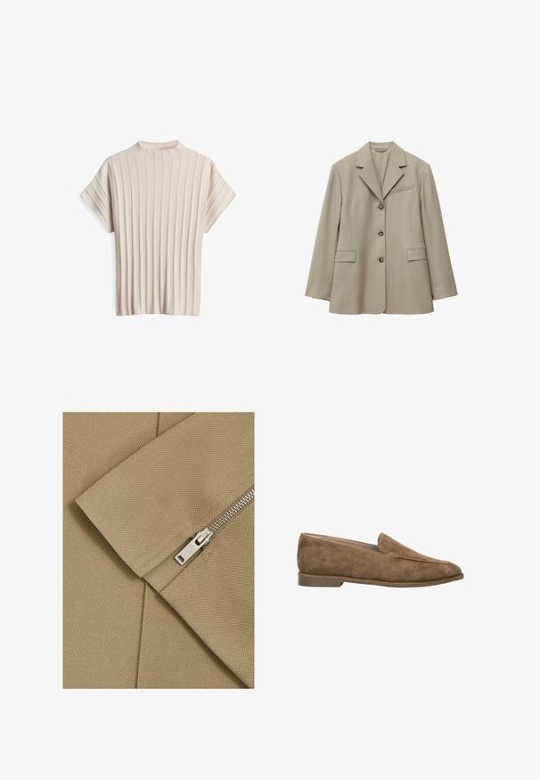 Blazer beige clair à simple boutonnage avec trois boutons, col à revers cranté, deux poches frontales à rabat et une poche poitrine à fente.; Haut beige à manches courtes en tissu côtelé, avec un col montant et des lignes verticales pour la texture et le détail de conception.; Tissu beige avec une surface texturée et une couture diagonale, présentant une fermeture éclair en argent avec un tirette rectangulaire.; Mocassin en daim marron à enfiler avec petit talon et bout arrondi, vue de côté sur fond blanc.
