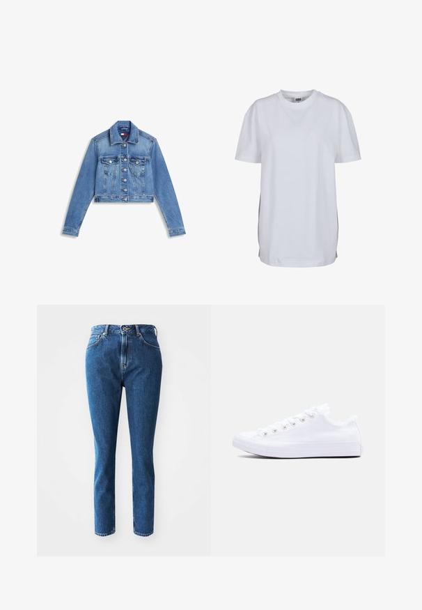 Blå cropped denimjakke med knaplukning foran, to klaplommer på brystet og lange ærmer på hvid baggrund.; Enkel hvid T-shirt med korte ærmer og rund hals, med en lige kant forneden og et lille synligt mærke inde i kraven.; Blå denimjeans med lige ben, høj talje og diskret kontrastsyning. Stoffet har en glat overflade.; Hvid lavt snørresko i lærred med metaløjer og flæsekant omkring anklen, vist på en ensfarvet baggrund.