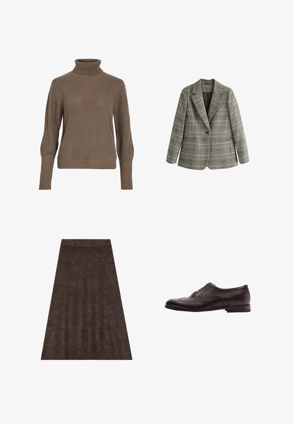 Blazer gris de cuadros con un solo botón, solapas con muescas y mangas largas, mostrado sobre un fondo blanco.; Suéter de punto acanalado marrón con cuello alto y mangas ajustadas, que cuenta con un acabado texturizado y un corte holgado.; Falda de punto marrón con un diseño acampanado, cinturilla elástica y una sutil textura en toda su superficie. La tela parece suave y cálida.; Zapato de vestir de cuero marrón con detalles de brogue, cierre con cordones, puntera redondeada y un tacón bajo apilado. Acabado pulido y perforaciones intrincadas.