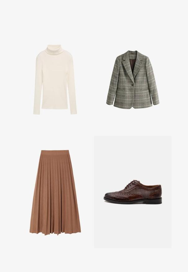 Gråt ternet blazer med enkelt knap, revers med hak og lange ærmer, vist mod en hvid baggrund.; Cremefarvet highered trøje lavet af ribbet stof. Lange ærmer og en tætsiddende silhuet. Ingen synlige mønstre eller hardwaredetaljer.; Brun plisseret midi-nederdel med en glat tekstur og en bred talje, der har jævne lodrette folder ned langs længden, hvilket skaber en svungent silhuet.; Brun læder herre wingtip selskabssko med brogue-detaljer og ternede stofsider, vist fra siden på en hvid baggrund.
