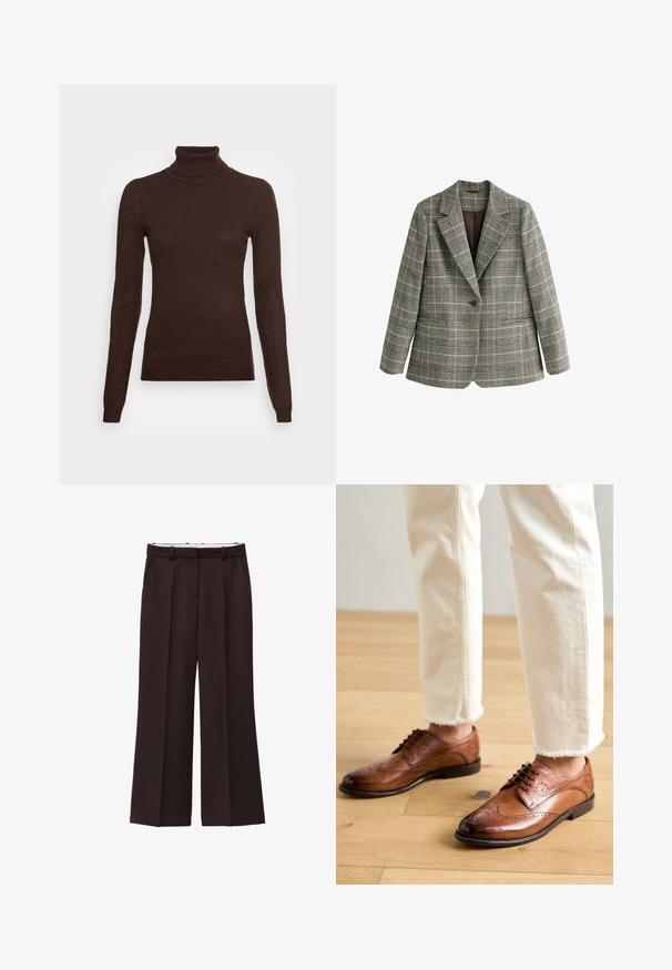 Gråt ternet blazer med enkelt knap, revers med hak og lange ærmer, vist mod en hvid baggrund.; Vero Moda Tall VMHAPPINESS ROLLNECK - Striktrøje - coffee bean; Viddebukser i mørkebrun stof, med høj talje, dobbelte læg og sidelommer. Glat tekstur med bæltestropper.; Brune læder brogue sko med perforerede detaljer, rund tå og en glat overflade, parret med cremede bukser med frynset kant.