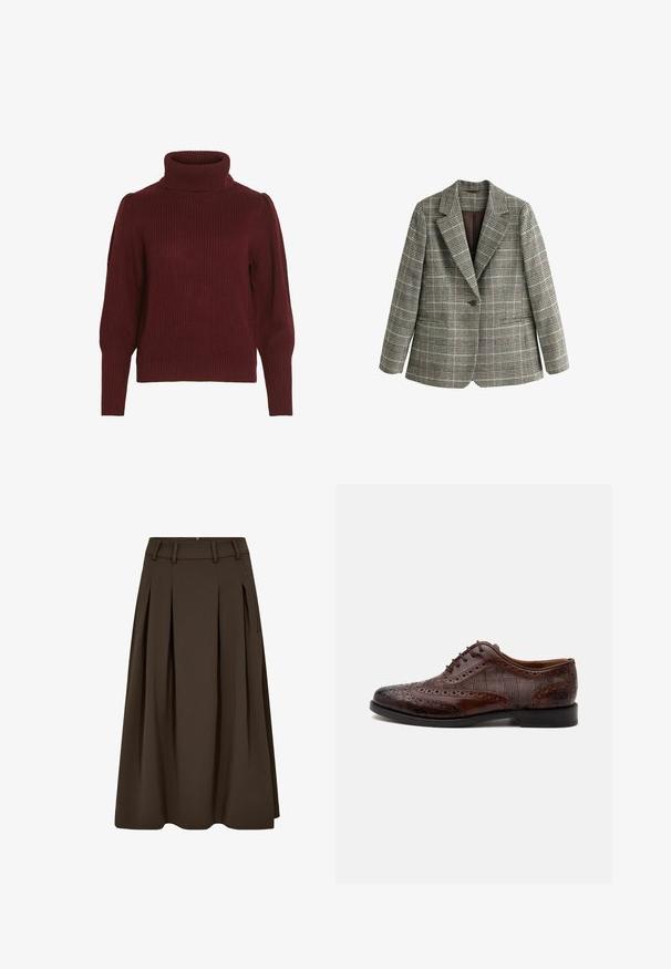 Blazer gris de cuadros con un solo botón, solapas con muescas y mangas largas, mostrado sobre un fondo blanco.; Suéter de punto burdeos con cuello alto, textura acanalada, mangas largas y detalles fruncidos en los hombros.; Falda marrón plisada hecha de tela suave, con cintura alta con trabillas, bolsillos laterales y una silueta en línea A fluida.; Zapato de vestir masculino wingtip de cuero marrón con detalles brogue y paneles laterales de tela a cuadros, mostrado de perfil sobre fondo blanco.