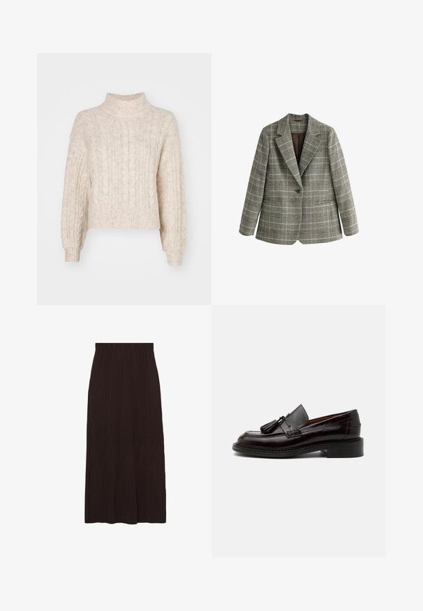 Blazer gris de cuadros con un solo botón, solapas con muescas y mangas largas, mostrado sobre un fondo blanco.; Suéter recortado de color crema con cuello alto, que presenta un patrón de punto de cable texturizado y mangas largas, ligeramente abullonadas.; Falda marrón acanalada de corte midi y cintura elástica. La tela tiene una superficie texturada con rayas verticales.; Mocasín de cuero marrón oscuro con borlas, detalles cosidos y un tacón apilado bajo sobre un fondo liso claro.