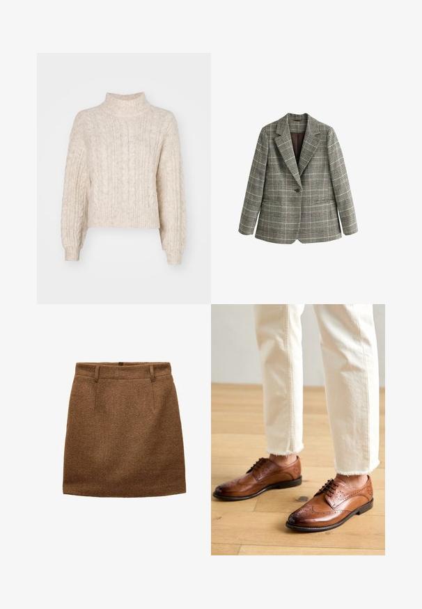 Blazer gris de cuadros con un solo botón, solapas con muescas y mangas largas, mostrado sobre un fondo blanco.; Suéter recortado de color crema con cuello alto, que presenta un patrón de punto de cable texturizado y mangas largas, ligeramente abullonadas.; Falda marrón hasta la rodilla con patrón de espiga, trabillas para cinturón y una silueta recta y ajustada.; Zapatos brogue de cuero marrón con detalles perforados, punta redondeada y un acabado suave, combinados con pantalones de color crema con dobladillo desflecado.