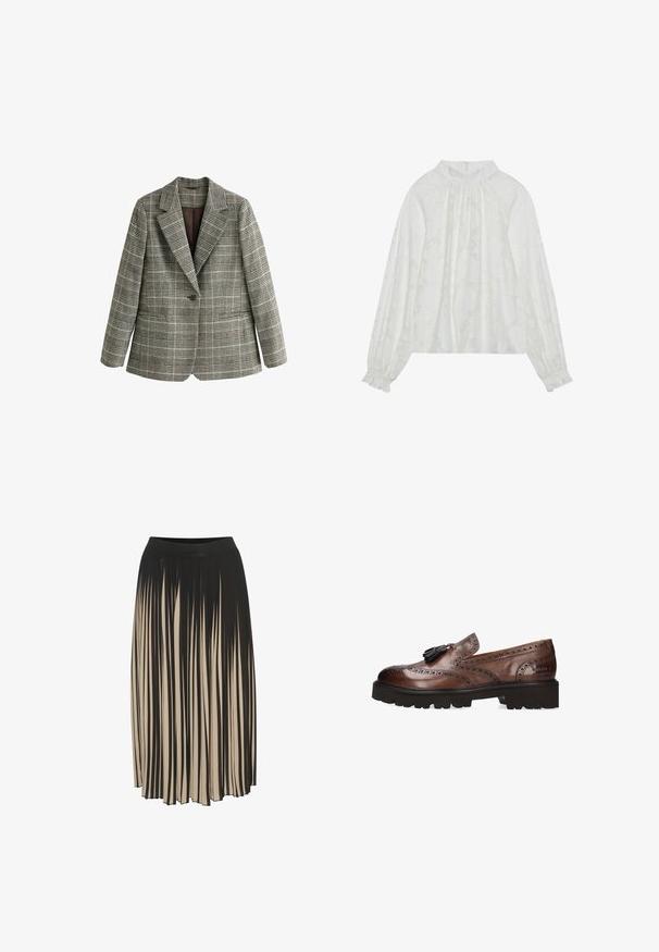 Enkeknop grijs geruit blazer met inkeping revers en lange mouwen, getoond tegen een witte achtergrond.; Witte blouse met lange mouwen, voorzien van een gemêleerd bloemenpatroon, een gathered decolletée en elastische manchetten. Zacht, lichtgewicht stof.; Plissé midi rok in zwart en beige met een hoge elastische tailleband, voorzien van verticale strepen en een vloeiende stijl voor beweging.; Bruine leren loafers met brogue-details, kwastaccent en een gestructureerde zwarte rubberen zool voor grip. Klassiek ontwerp met een rijke afwerking.