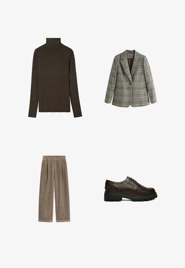Gråt ternet blazer med enkelt knap, revers med hak og lange ærmer, vist mod en hvid baggrund.; Mørkebrunt turtleneck top lavet af blød, struktureret stof. Har lange ærmer og en tætsiddende pasform, med en glat halsudskæring.; Brune vidde bukser i ribbet fløjl med bæltestropper, forlommer og lynlåslukning.; Mørkebrun læder brogue sko med perforerede detaljer og tyk sort rillesål, set fra siden på hvid baggrund.