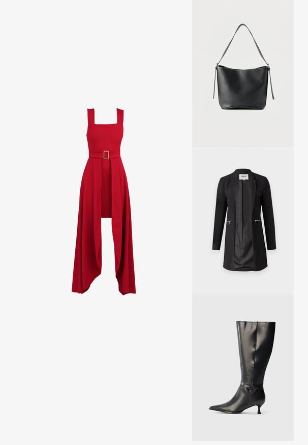 Sort blazer i glat stof, skræddersyet design, lange ærmer og lynlåslommer foran. Fuldt foret med mat finish.; Rød kjole med firkantet udskæring, tætsiddende overdel, bredt bælte med rectangular spænde og en flydende, plisseret nederdel der hænger.; Sort knæhøj læderstøvle med spids tå og lav kittenhæl, vist på en enkel lys baggrund.; Sort skuldertaske i læder med en enkelt bred strop og diskrete sølvfarvede detaljer på en ensartet hvid baggrund.