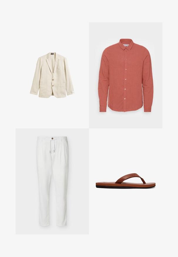 Beige linnen blazer met een geplooid revers, een enkele borstzak, twee voorzakken en een sluiting met twee knopen, met een ontspannen pasvorm en een gestructureerde stof.; Langarmshirt van vervaagd koraal linnen, met een klassieke kraag en een knoopsluiting aan de voorkant met bijpassende knopen. Gladde textuur en getailleerde pasvorm.; Witte op maat gemaakte broek met voren aan de voorkant, een bruine knoop en een taille met trekkoord, afgebeeld op een effen achtergrond.; Bruine leren flip-flops met een gestructureerde band, een gevoerde voetbed en een zwarte rubberen zool. Zijkant van het ontwerp benadrukt de slanke stijl.