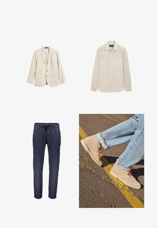 Beige Leinen-Blazer mit Reverskragen, einer Brusttasche, zwei Vorderaschen und Zwei-Knopf-Verschluss, mit lässiger Passform und strukturiertem Stoff.; Beige langärmliges Hemd mit Knopfleiste, klassischem Kragen, geknöpften Manschetten und einem leicht geschwungenen Saum.; Marineblaue, taillierte Hose aus strukturiertem Stoff, mit einem elastischen Taillenbund, verstellbarem Kordelzug und seitlichen Taschen.; Beige Wildleder-Ankelboots mit orangefarbenen Schnürsenkeln, runder Spitze und einer leichten Gummisohle, kombiniert mit hellblauen, umgeschlagenen Jeans.