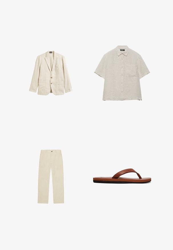 Beige linnen blazer met een geplooid revers, een enkele borstzak, twee voorzakken en een sluiting met twee knopen, met een ontspannen pasvorm en een gestructureerde stof.; Beige linnnen overhemd met korte mouwen, knopen aan de voorkant, één borstzak en een klassieke kraag, plat gelegd op een witte achtergrond.; Beige rechte broek met riemlussen, voorste knoop, ritssluiting en zijzakken, plat gelegd op een witte achtergrond.; Bruine leren flip-flops met een gestructureerde band, een gevoerde voetbed en een zwarte rubberen zool. Zijkant van het ontwerp benadrukt de slanke stijl.