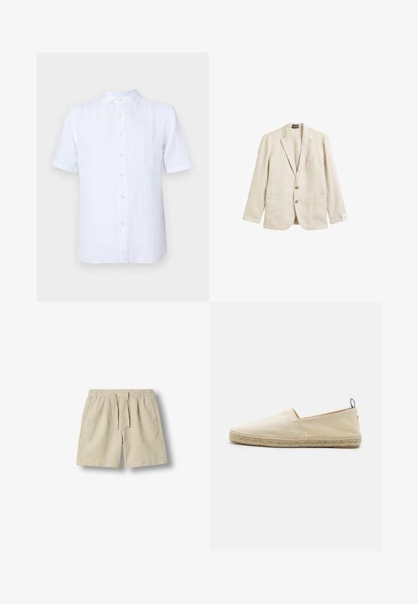 Beige linnen blazer met een geplooid revers, een enkele borstzak, twee voorzakken en een sluiting met twee knopen, met een ontspannen pasvorm en een gestructureerde stof.; Witte korte mouwen shirt van linnen, met een knoopsluiting aan de voorkant, een zachte textuur en een subtiele glans. De knopen zijn lichtgeel.; Beige casual korte broek met elastische tailleband en trekkoord, zijzakken en rechte zoom, afgebeeld tegen een effen achtergrond.; Beige canvas espadrille met een ronde neus, gevlochten jute zool en een kleine rode en blauwe accent op de hiel. Lichtgewicht zonder sluiting.