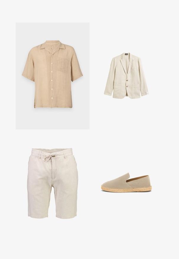Beige linnen blazer met een geplooid revers, een enkele borstzak, twee voorzakken en een sluiting met twee knopen, met een ontspannen pasvorm en een gestructureerde stof.; Korte mouw beige linnen shirt met een notch-kraag, voorzak en witte knopen. Geweven stof, ontspannen pasvorm en rechte zoom.; Lichtbeige linnen shorts met een elastische tailleband, een verstelbaar trekkoord en twee voorzakken. Soepele textuur met een ontspannen pasvorm.; Beige suède instap-espadrille met een zool omwikkeld met jute en een lage hak, zijaanzicht op een witte achtergrond.