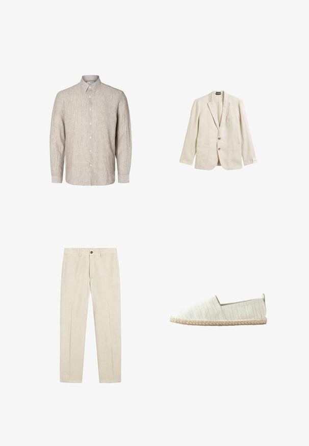 Beige Leinen-Blazer mit Reverskragen, einer Brusttasche, zwei Vorderaschen und Zwei-Knopf-Verschluss, mit lässiger Passform und strukturiertem Stoff.; Helles graues Leinenhemd mit langen Ärmeln, geknöpftem Kragen und vorderer Knopfleiste. Textil mit einer dezenten Struktur.; Beige Leinenhose mit Knopf- und Reißverschluss, Seitentaschen, Gürtelschlaufen und geradem Bein.; Legerer Slip-on-Espadrille mit beige-weißen Streifen, gewebter Jute-Sohle und Stoffzuglasche an der Ferse.