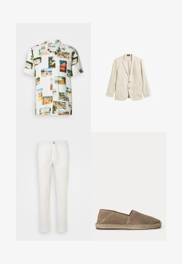 Beige Leinen-Blazer mit Reverskragen, einer Brusttasche, zwei Vorderaschen und Zwei-Knopf-Verschluss, mit lässiger Passform und strukturiertem Stoff.; Kurzeweißer Hemd mit einem Collagen-Motiv aus Fotografien tropischer Szenen in verschiedenen Farben. Leichter Stoff, Knopfleiste vorne und lockere Passform.; Weiße Leinenhose mit einem Kordelzugbund, geradem Bein-Design und subtiler Textur. Keine sichtbaren Taschen oder Muster.; Beiger Wildleder-Espadrilleschuh mit geflochtener Jutesohle und geschlossenem, abgerundetem Zehenbereich, seitlich auf neutralem Hintergrund gezeigt.