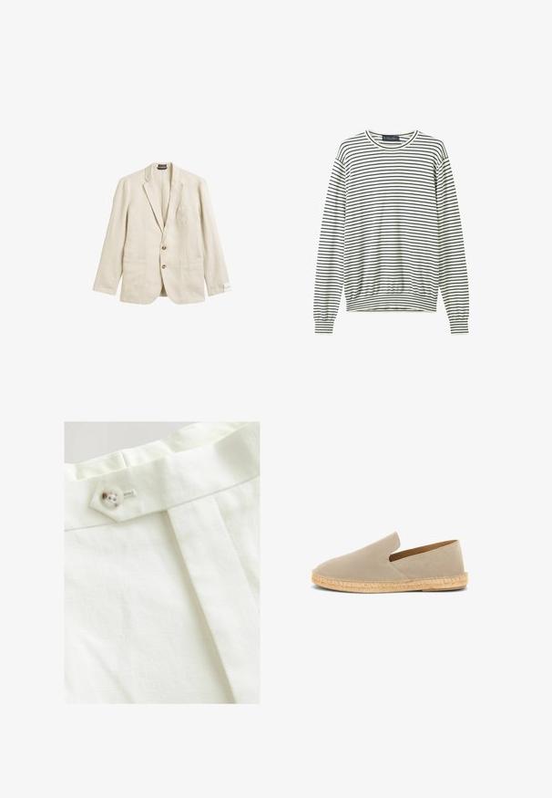 Beige linnen blazer met een geplooid revers, een enkele borstzak, twee voorzakken en een sluiting met twee knopen, met een ontspannen pasvorm en een gestructureerde stof.; Gestreepte sweatshirt in crème en marineblauw, met een ronde halslijn, geribde boorden en zoom. Zacht materiaal met horizontale strepen overal.; Witte stof met een gladde textuur, voorzien van een enkele knoopsluiting, een geplooid ontwerp en nette stikdetails.; Beige suède instap-espadrille met een zool omwikkeld met jute en een lage hak, zijaanzicht op een witte achtergrond.