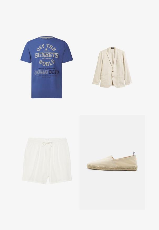 Beige linnen blazer met een geplooid revers, een enkele borstzak, twee voorzakken en een sluiting met twee knopen, met een ontspannen pasvorm en een gestructureerde stof.; Blauwe T-shirt met korte mouwen, gemaakt van katoen, met geprinte tekst in crème en zwart, inclusief "OFF THE SUNSETS" en "OCEAN BLVD."; Witte linnen shorts met een elastische tailleband en strikband. Voorzien van twee zijzakken en een relaxte pasvorm. Gladde textuur.; Beige canvas espadrille met een ronde neus, gevlochten jute zool en een kleine rode en blauwe accent op de hiel. Lichtgewicht zonder sluiting.